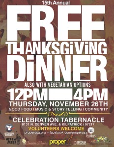 Free Thanksgiving Dinner 12-4 at 8131 N Denver Ave. Everyone welcome!